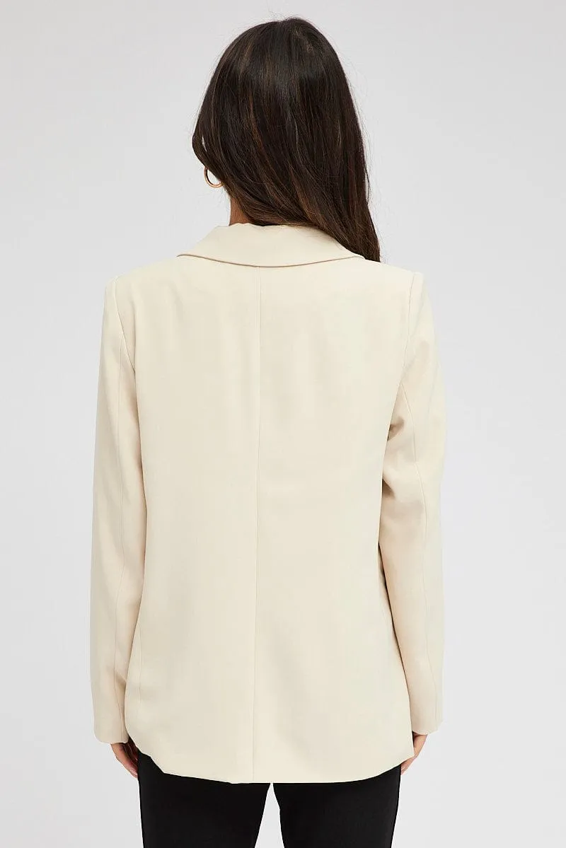 Beige Jacket Long Sleeve Collar Neck