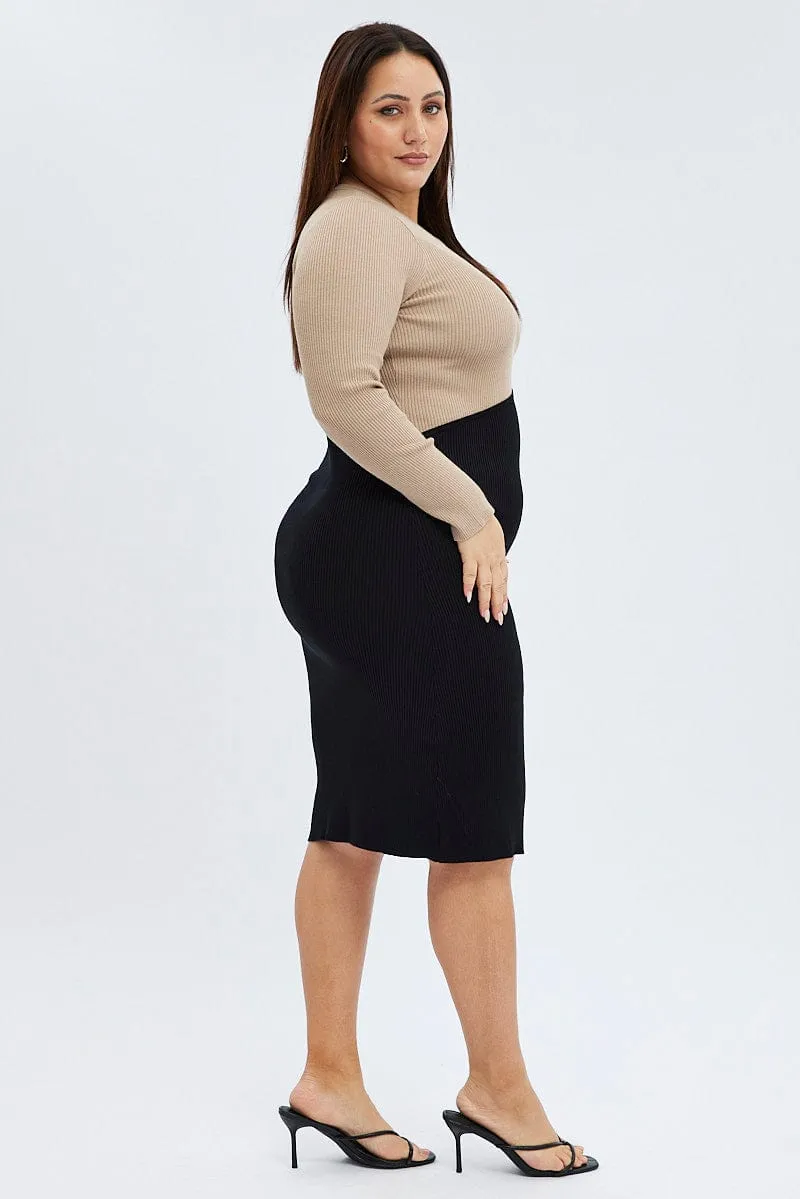 Beige Knit Dress Long Sleeve Color Block