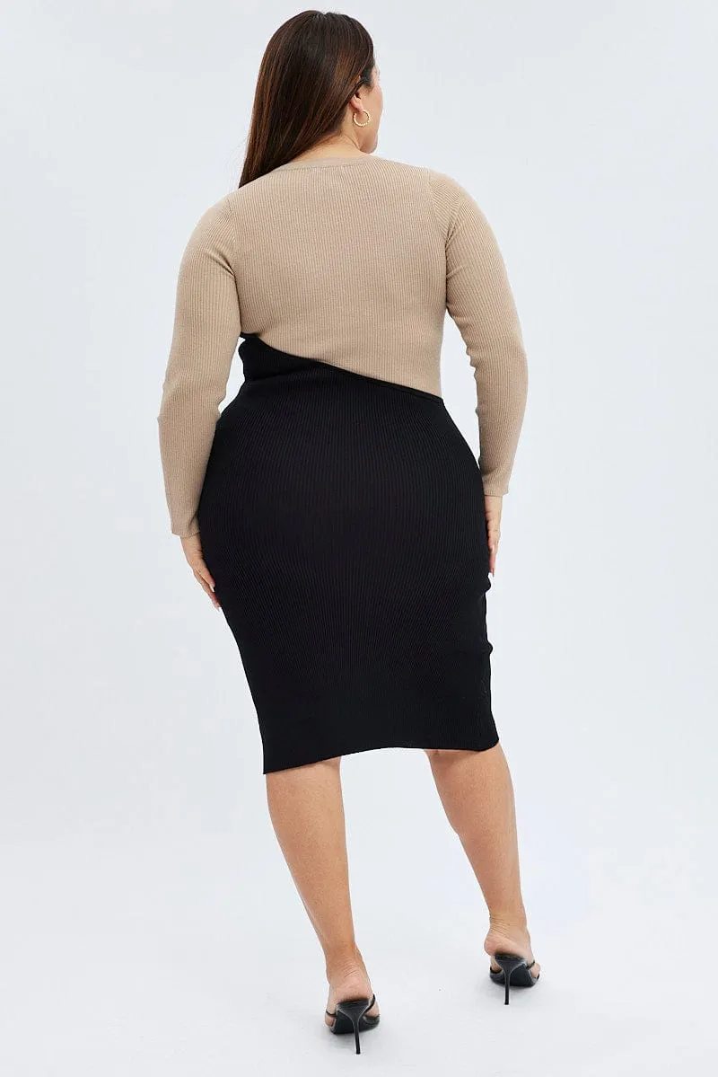 Beige Knit Dress Long Sleeve Color Block