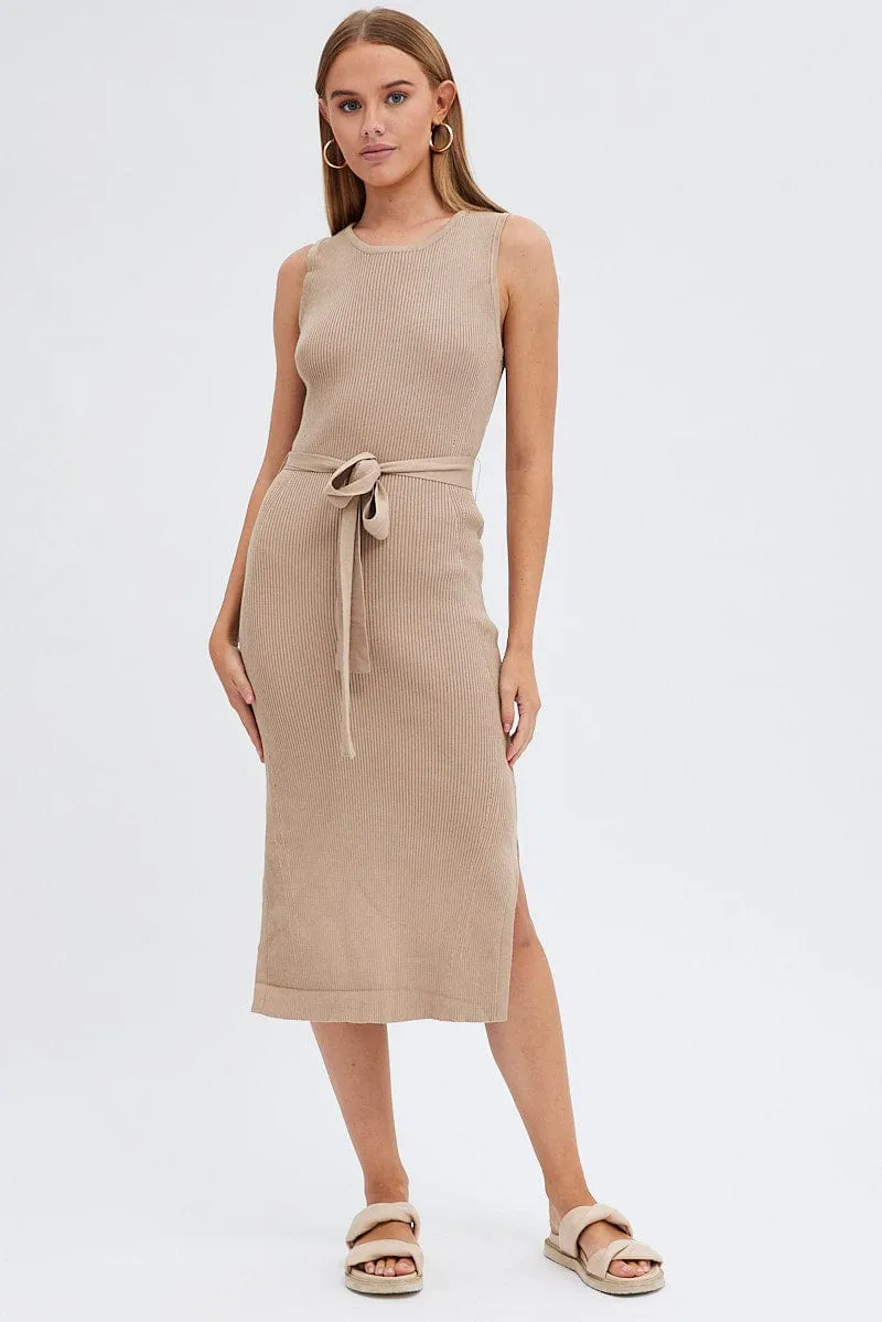 Beige Knit Dress Sleeveless Round Neck Belted Midi