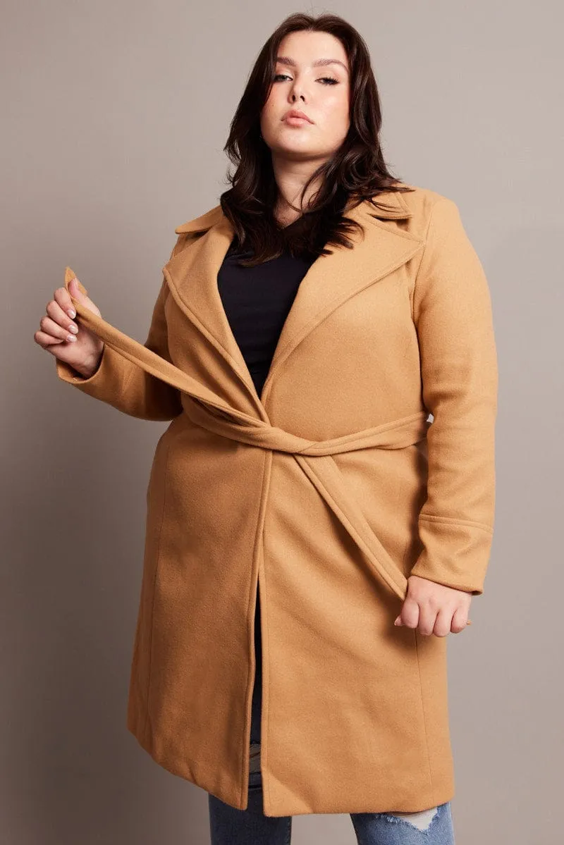 Beige Long Belted Wrap Coat