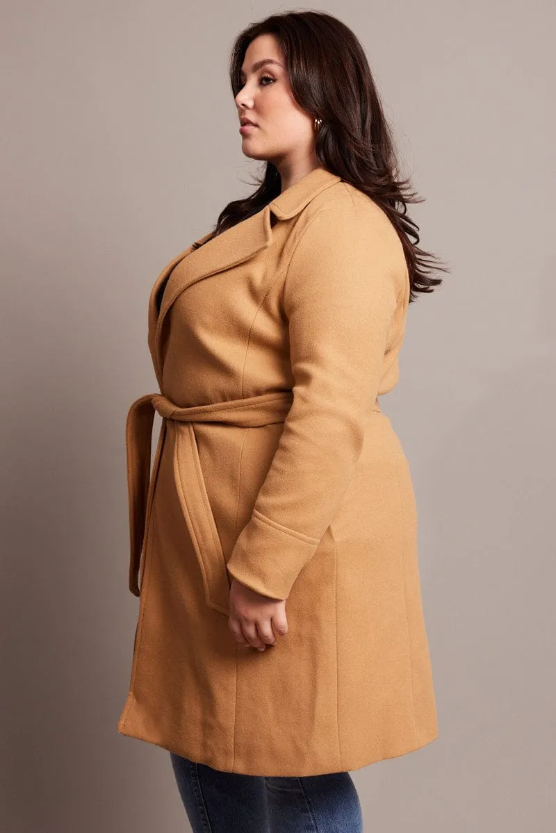 Beige Long Belted Wrap Coat