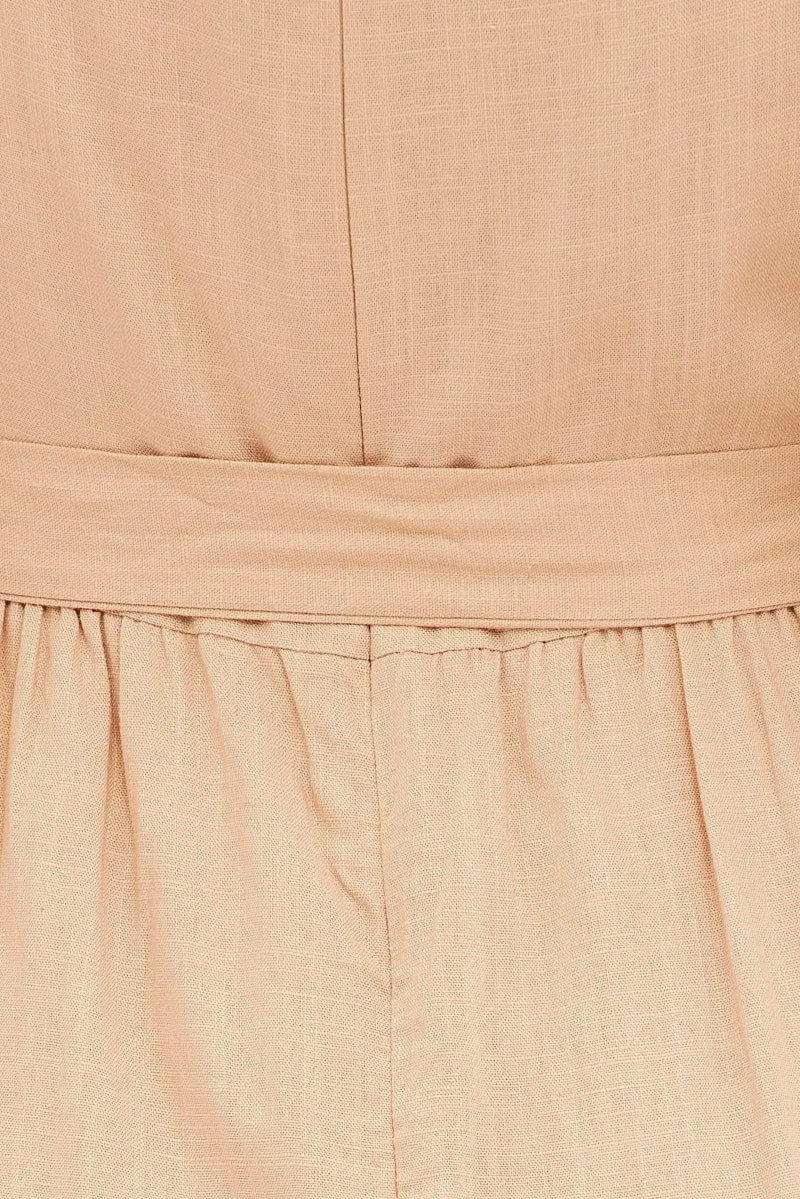 Beige Midi Dress Puff Sleeve Belt Frill Hem