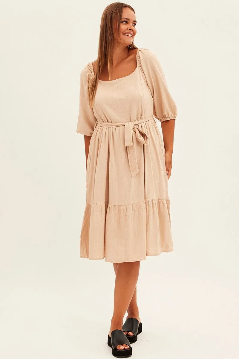 Beige Midi Dress Puff Sleeve Belt Frill Hem