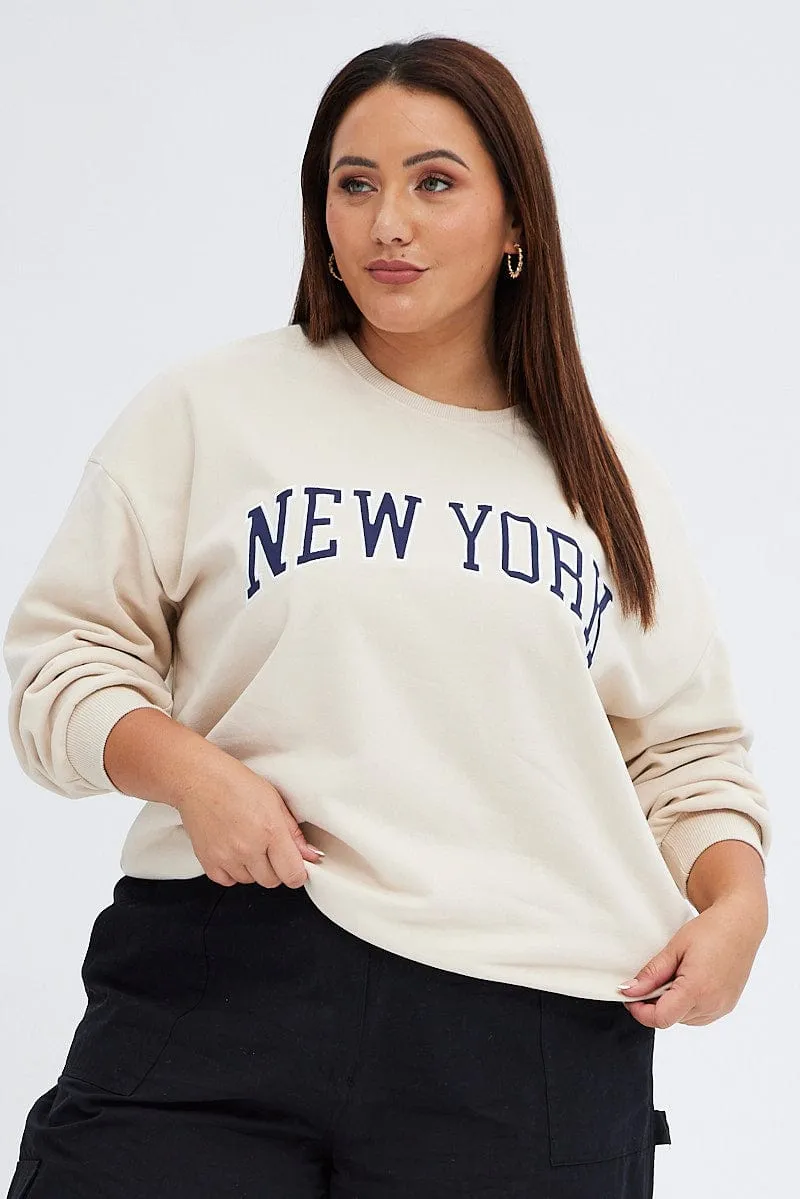 Beige New York Embroidered Sweater