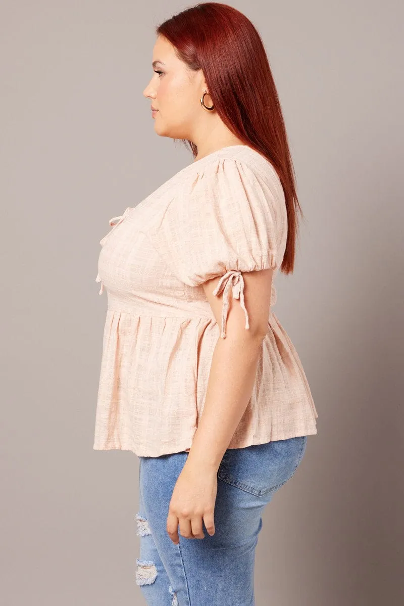 Beige Peplum Top Short Sleeve Tie Front