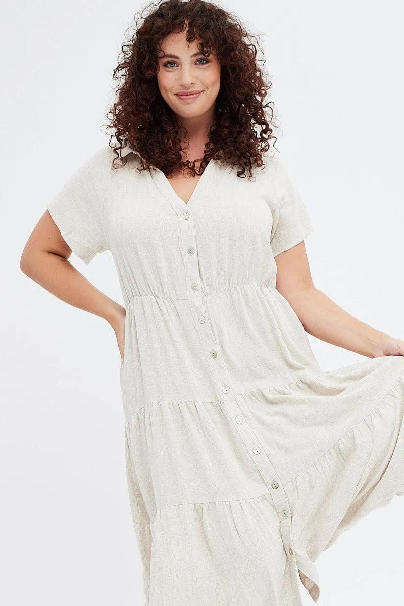 Beige Shirtdress Midi Button Linen Blend Short Sleeve