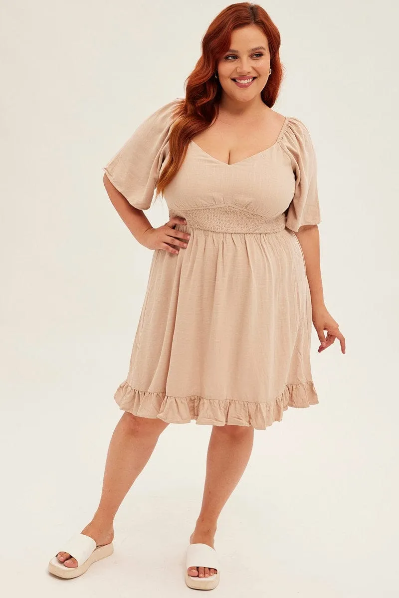 Beige Skater Dress Short Flare Sleeve V Neck Shirred