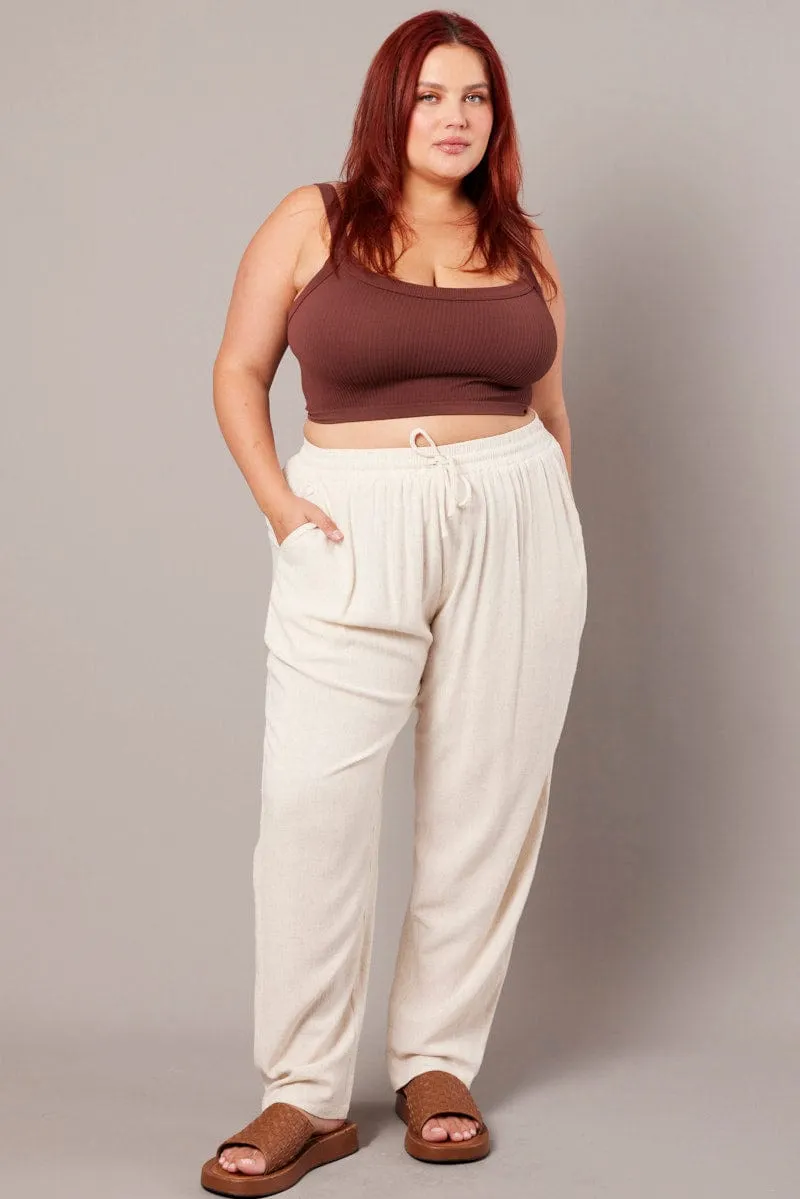 Beige Tapered Pants Elasticated Waist Cropped