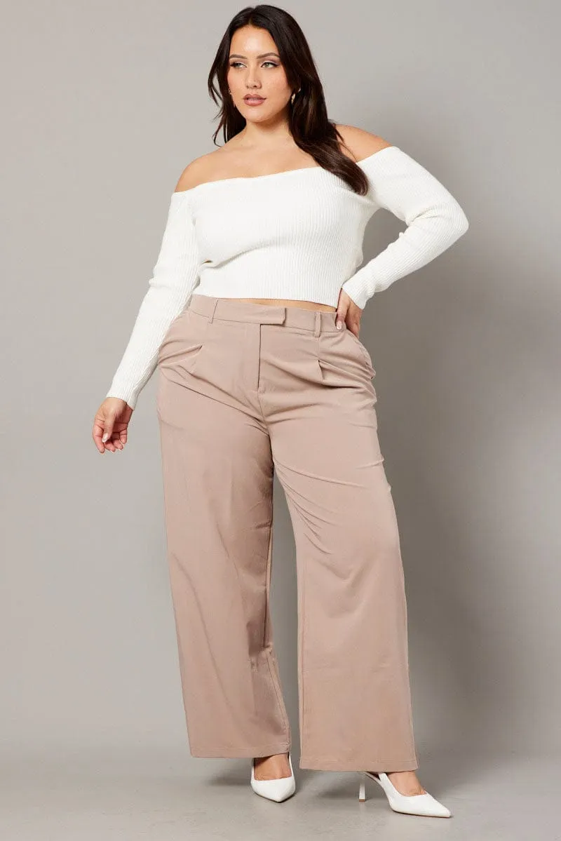 Beige Wide Leg Pants High Waist