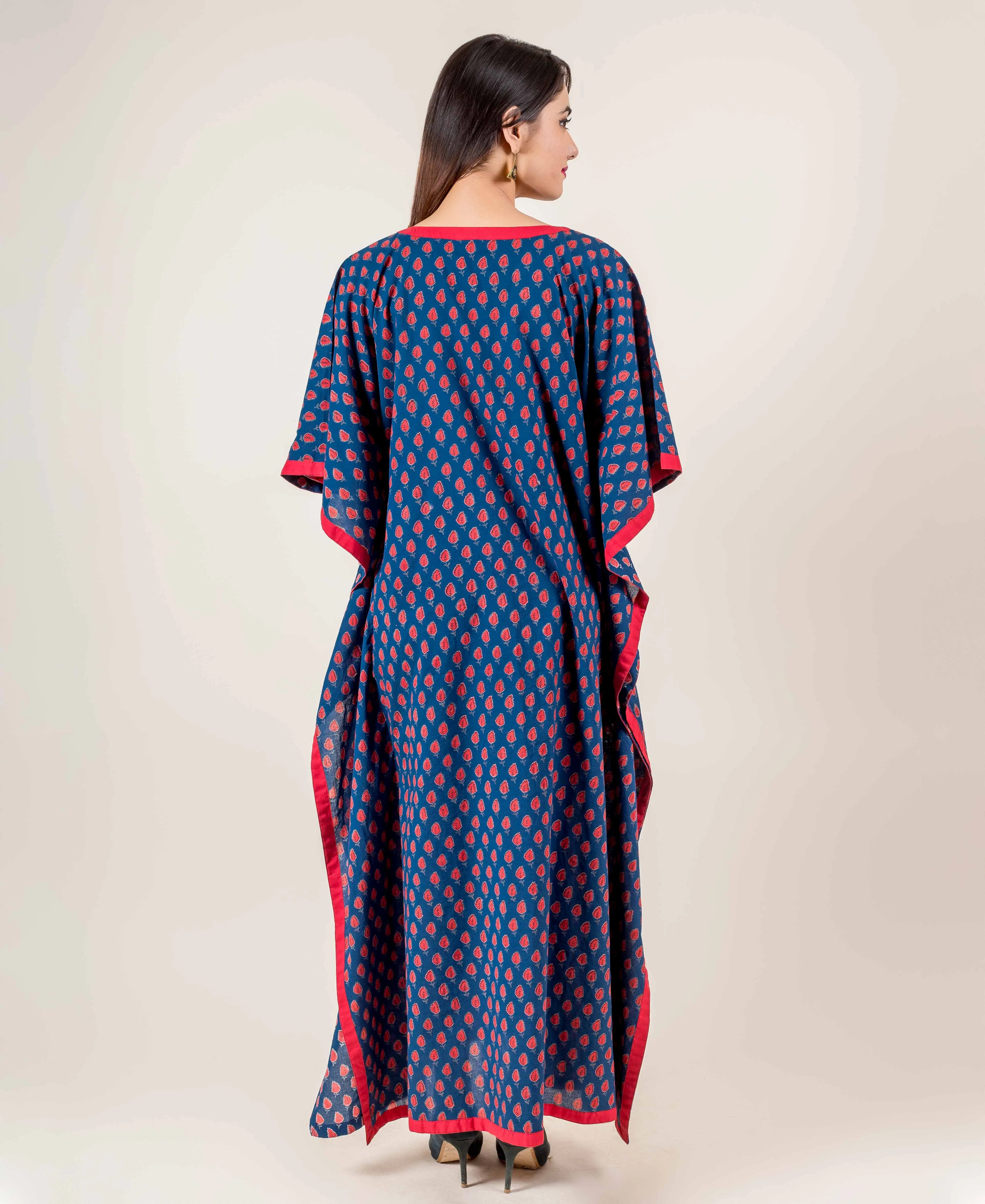 Blue Hand Block Printed Kaftan With Red Motifs