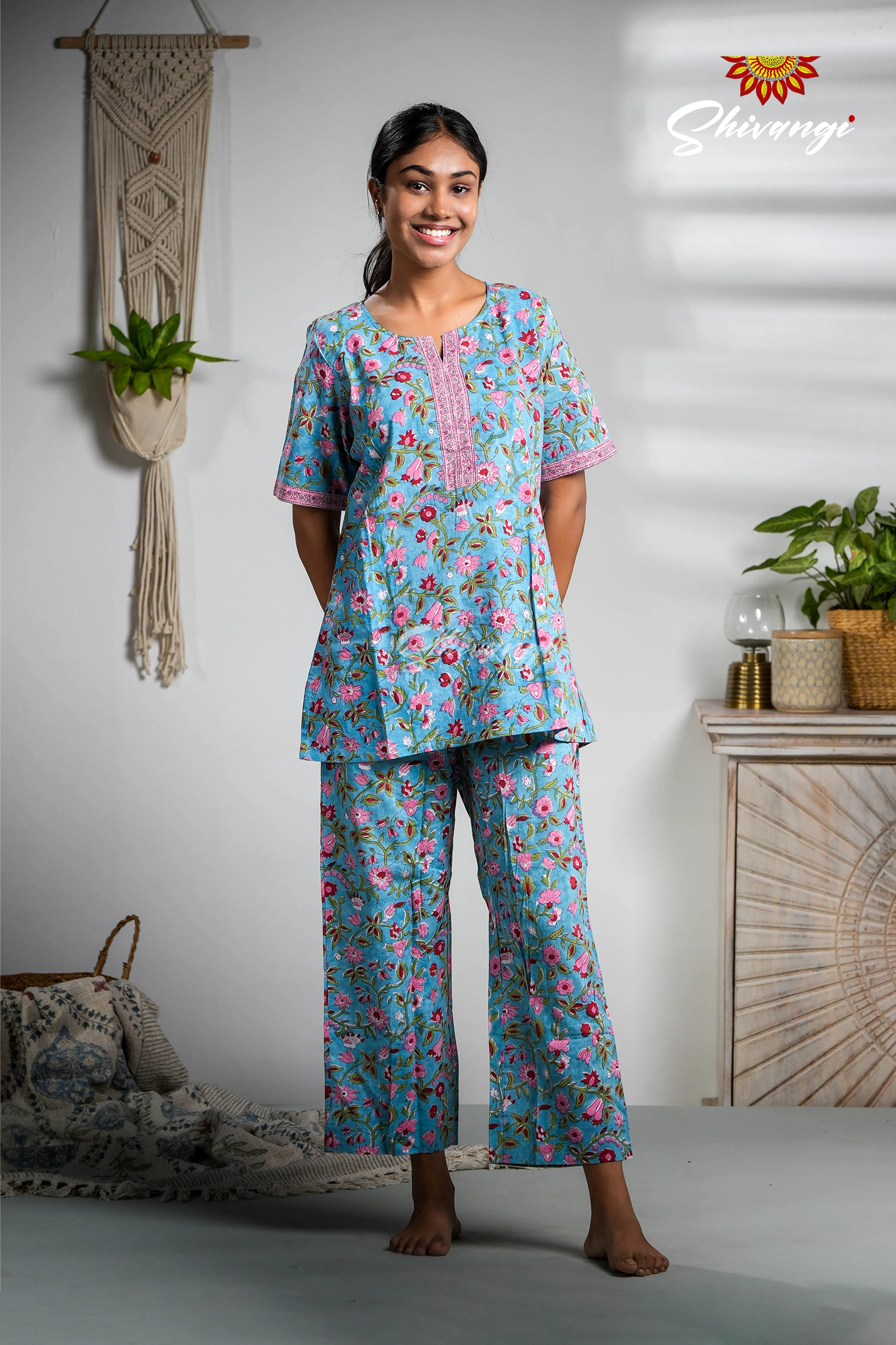 Blue With RedFloral Print Cotton Night Wear Set For Women !!!