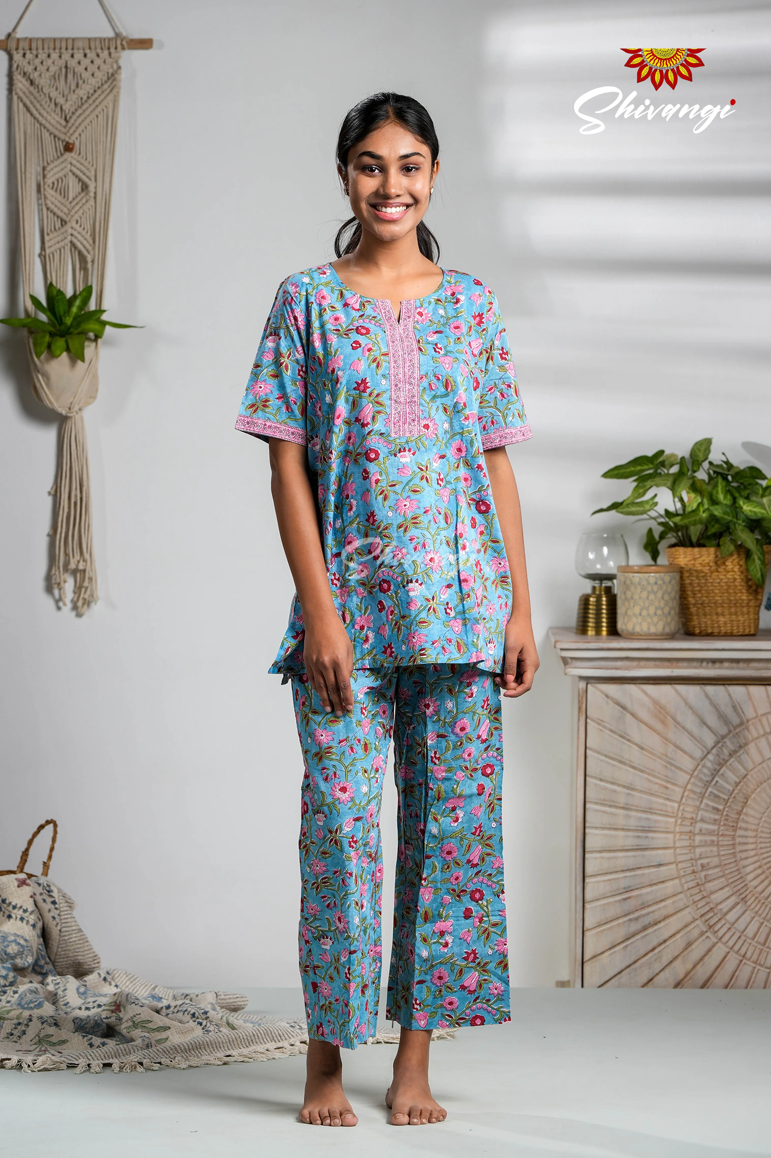 Blue With RedFloral Print Cotton Night Wear Set For Women !!!