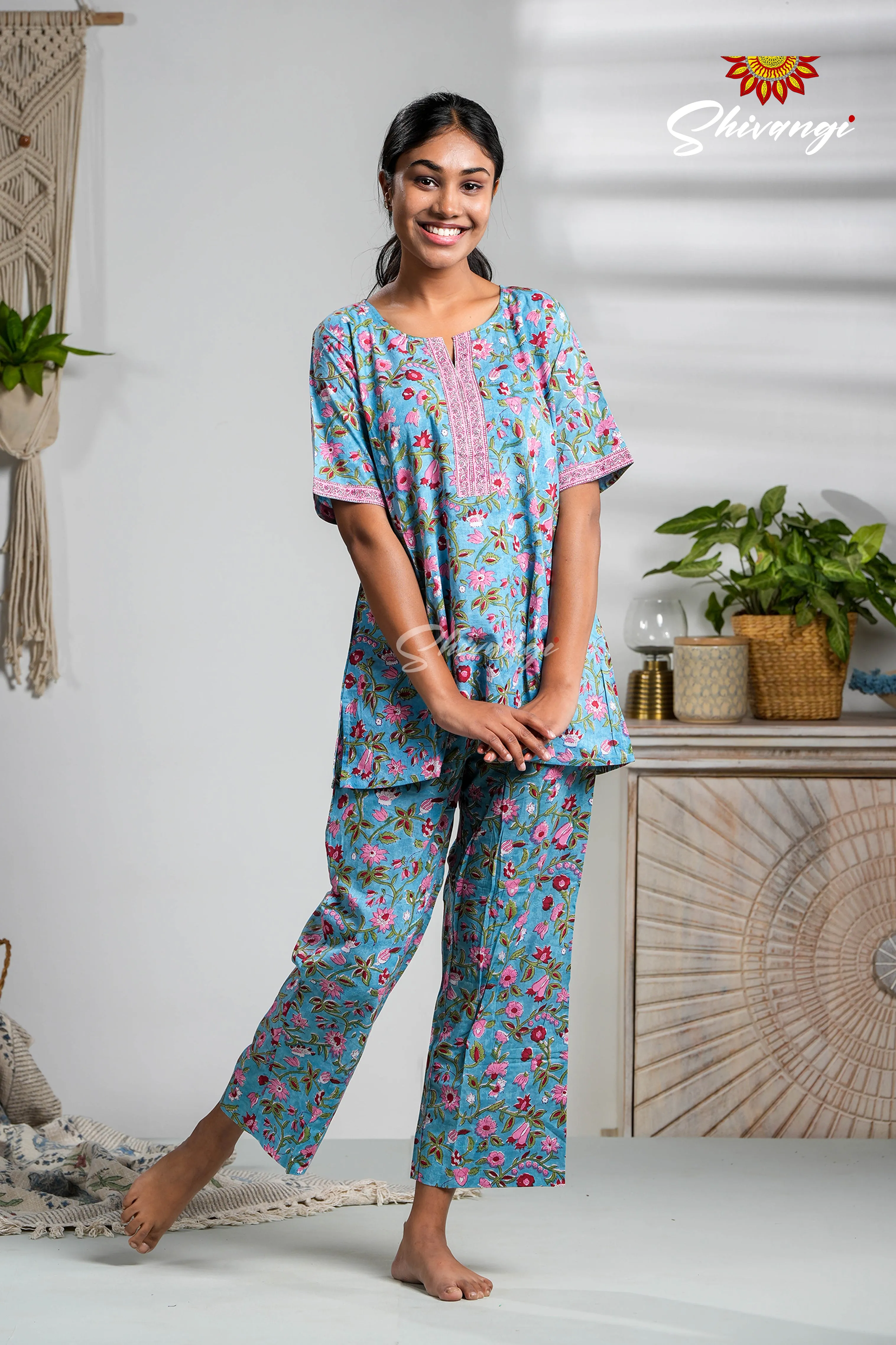 Blue With RedFloral Print Cotton Night Wear Set For Women !!!