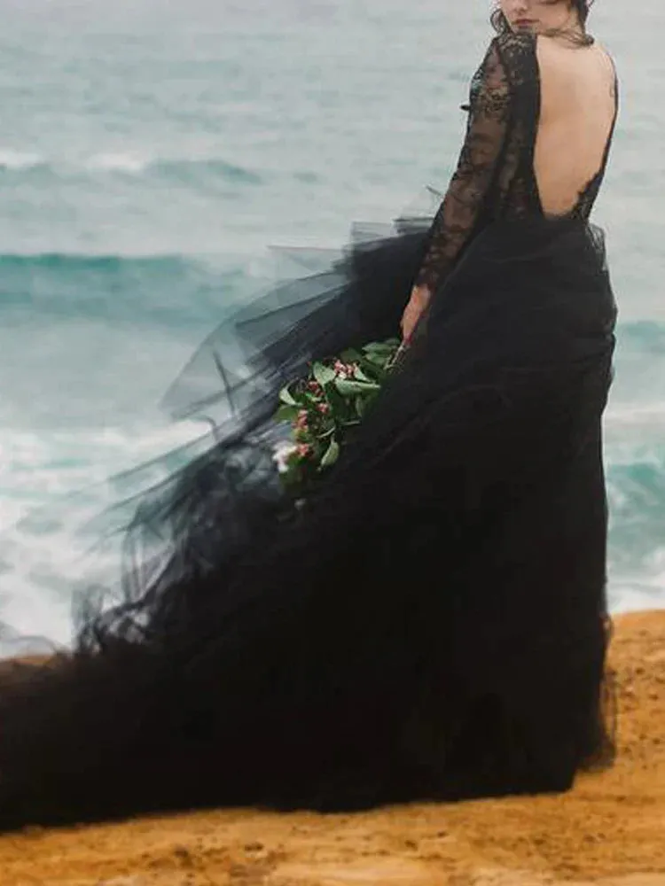 Charming A-Line Long Sleeve Black Wedding Dresses,Lace Wedding Gown,Black Bridal Dresses