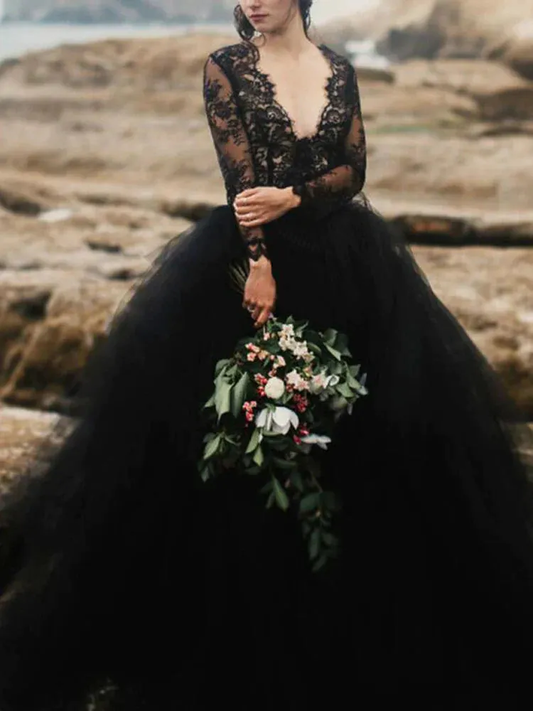 Charming A-Line Long Sleeve Black Wedding Dresses,Lace Wedding Gown,Black Bridal Dresses