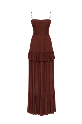 Chocolate spaghetti strap pleated maxi dress, Garden of Eden