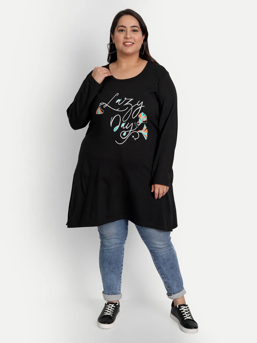 Cotton Long Top for Women Plus Size - Full Sleeve - Black