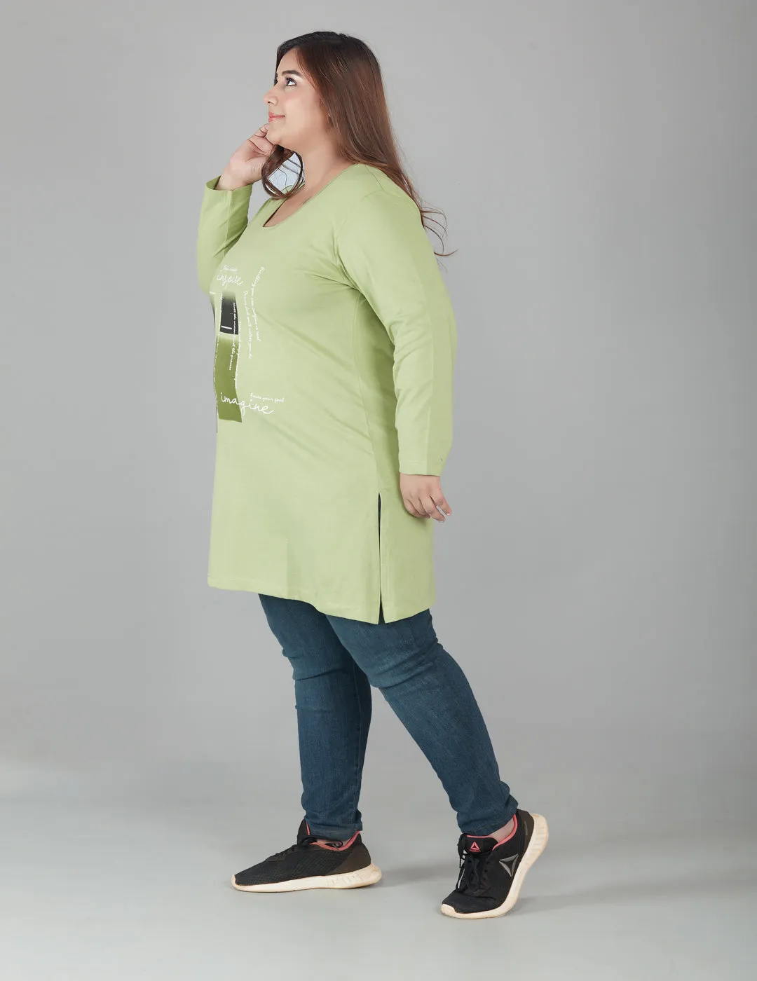 Cotton Long Top for Women Plus Size - Full Sleeve - Green