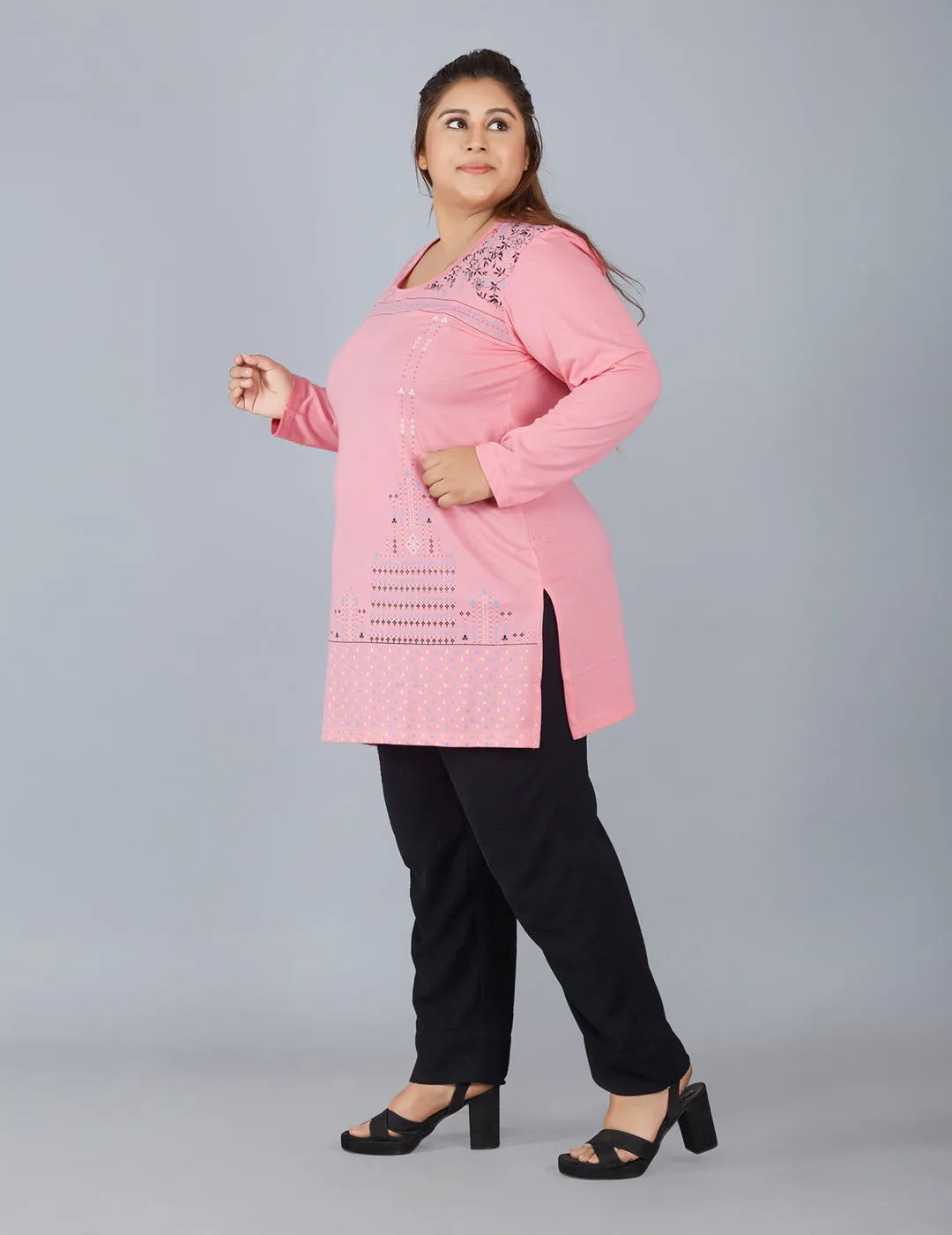 Cotton Long Top for Women Plus Size - Full Sleeve -  Pink