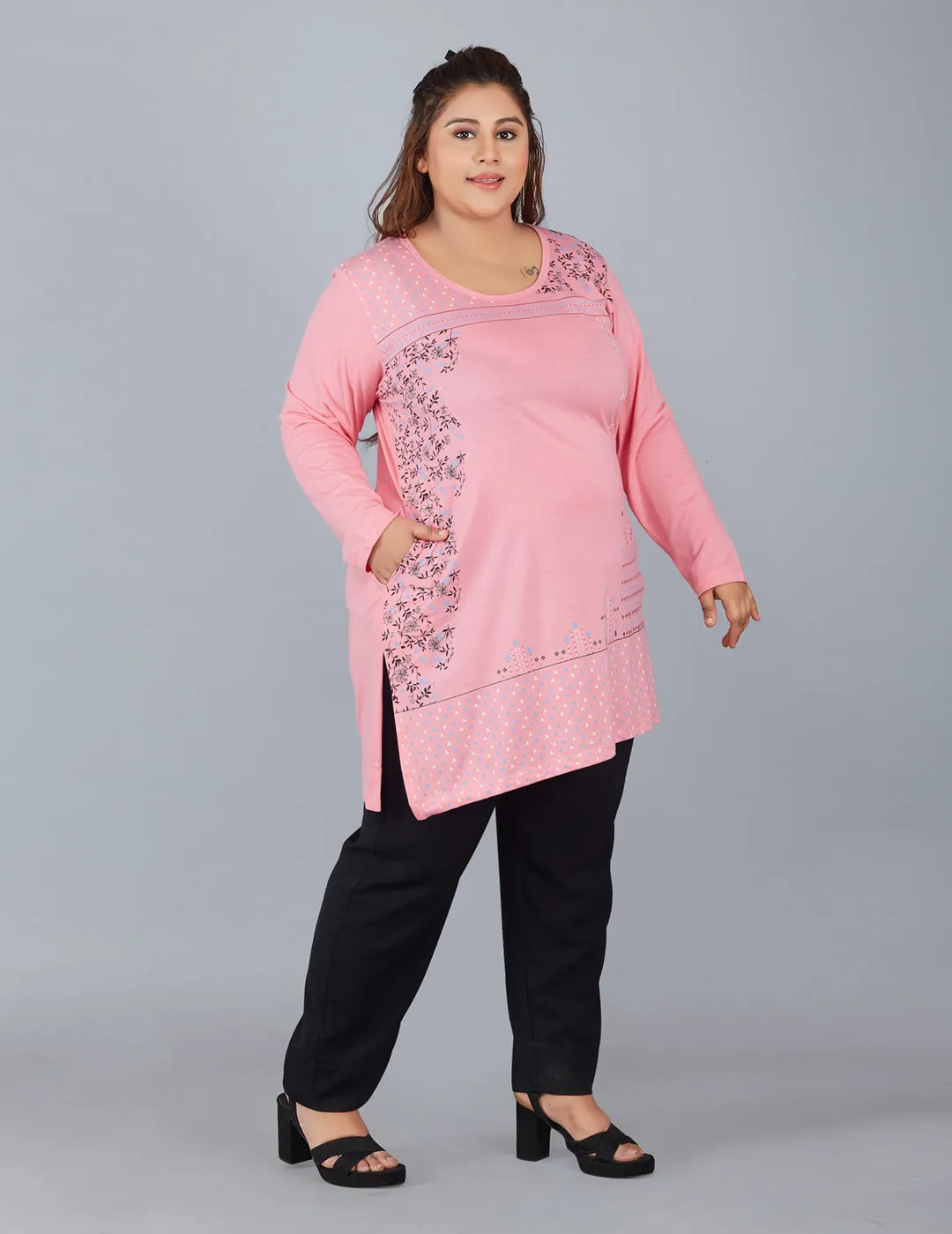 Cotton Long Top for Women Plus Size - Full Sleeve -  Pink