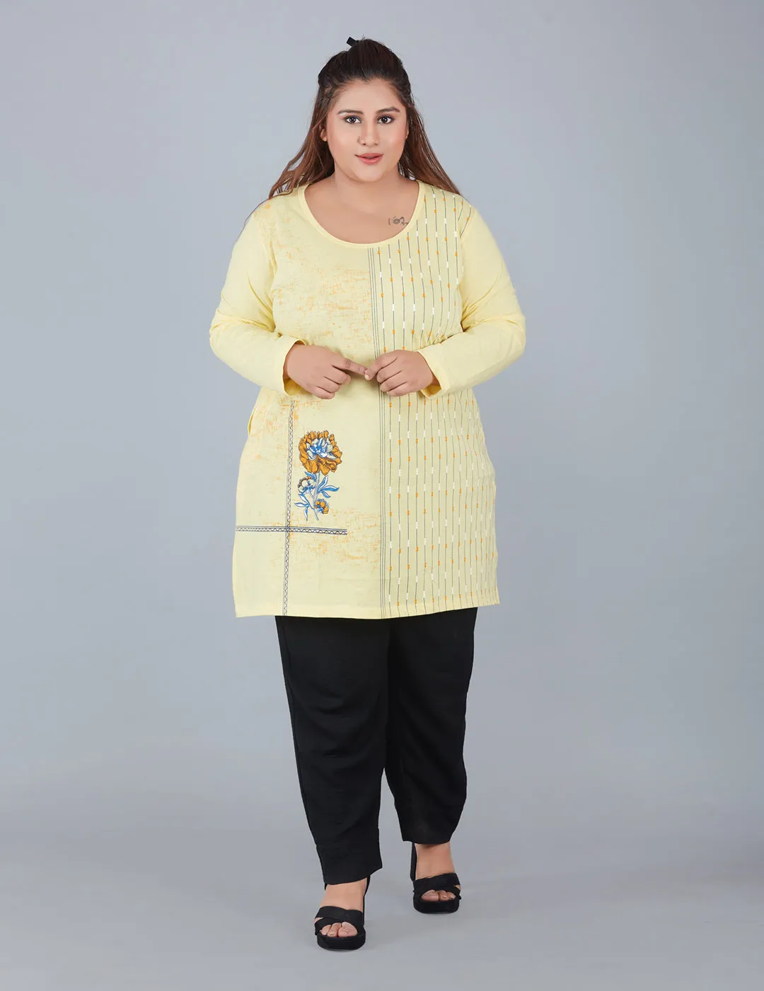 Cotton Long Top for Women Plus Size - Full Sleeve - Yellow