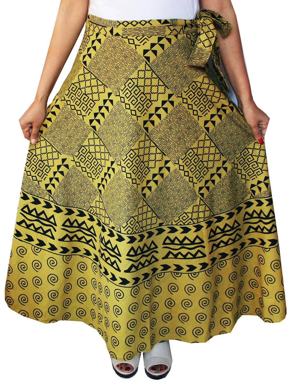 Cotton Wrap Around Long  Printed Skirt Womens India Clothing (Dark Yellow)