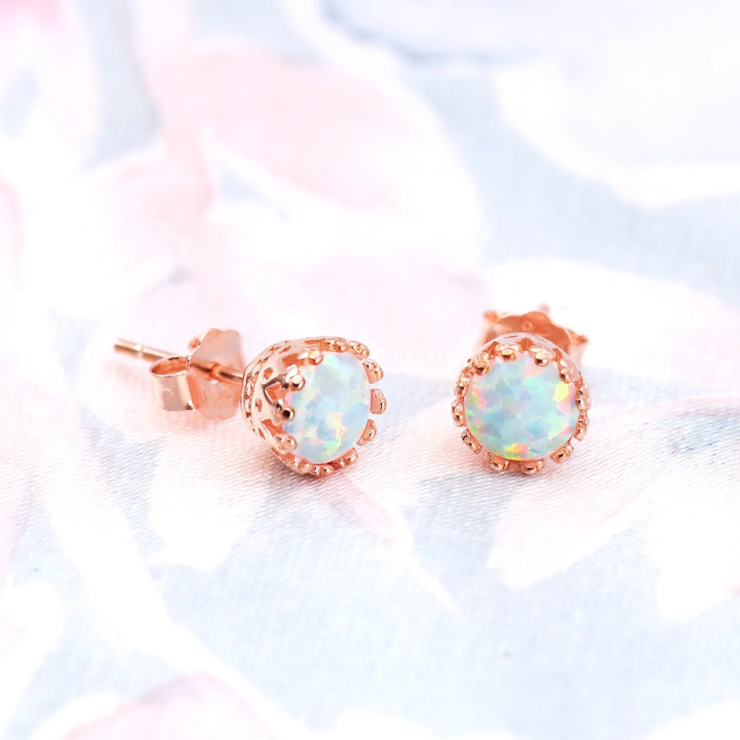 Created Opal Crown Stud Earrings Rose Gold Plated .925Sterling Silver