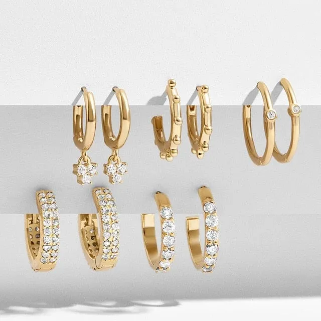 CZ Geometric Hoop Huggie Earrings Set - 5 Pairs