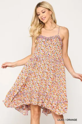 Ditsy Floral Print Sleeveless Dress With Lace Trim