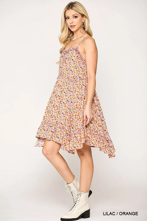 Ditsy Floral Print Sleeveless Dress With Lace Trim