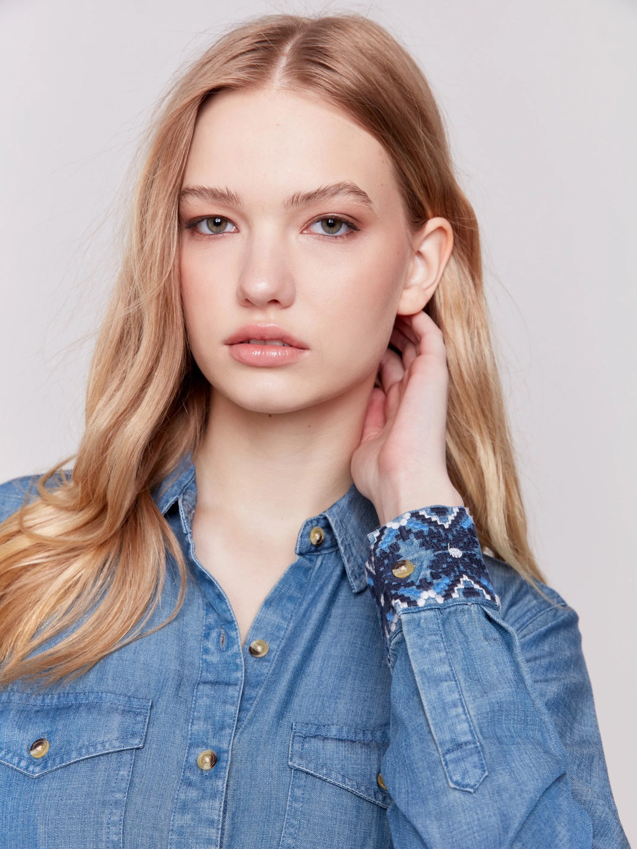 Embroidered Cuff Tencel Shirt - Denim