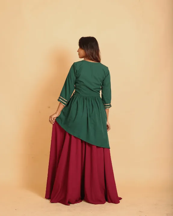 Emerald & Wine Fusion Kurti Skirt - Set of 2