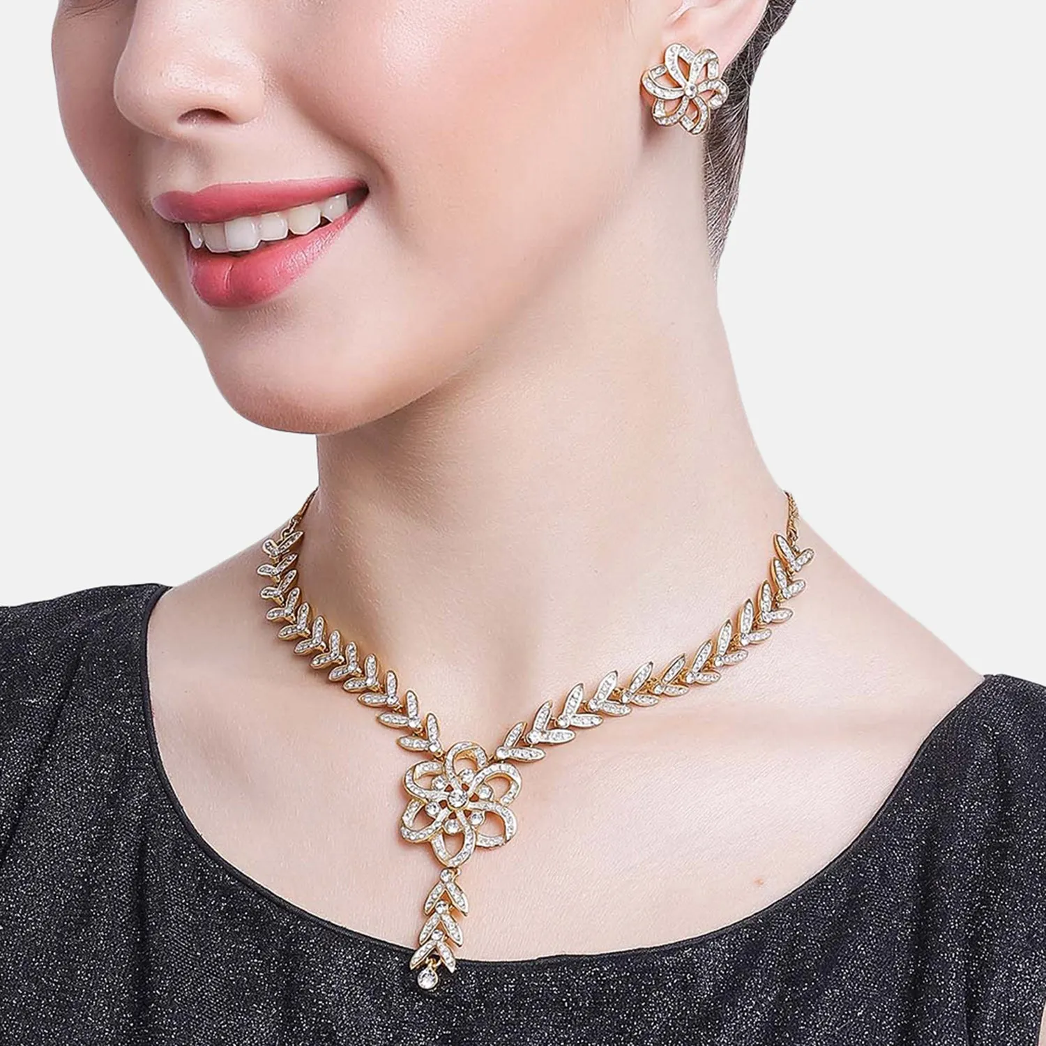 Estele 24 Kt Gold Plated Flower Shape with Austrian Diamond Necklace Set