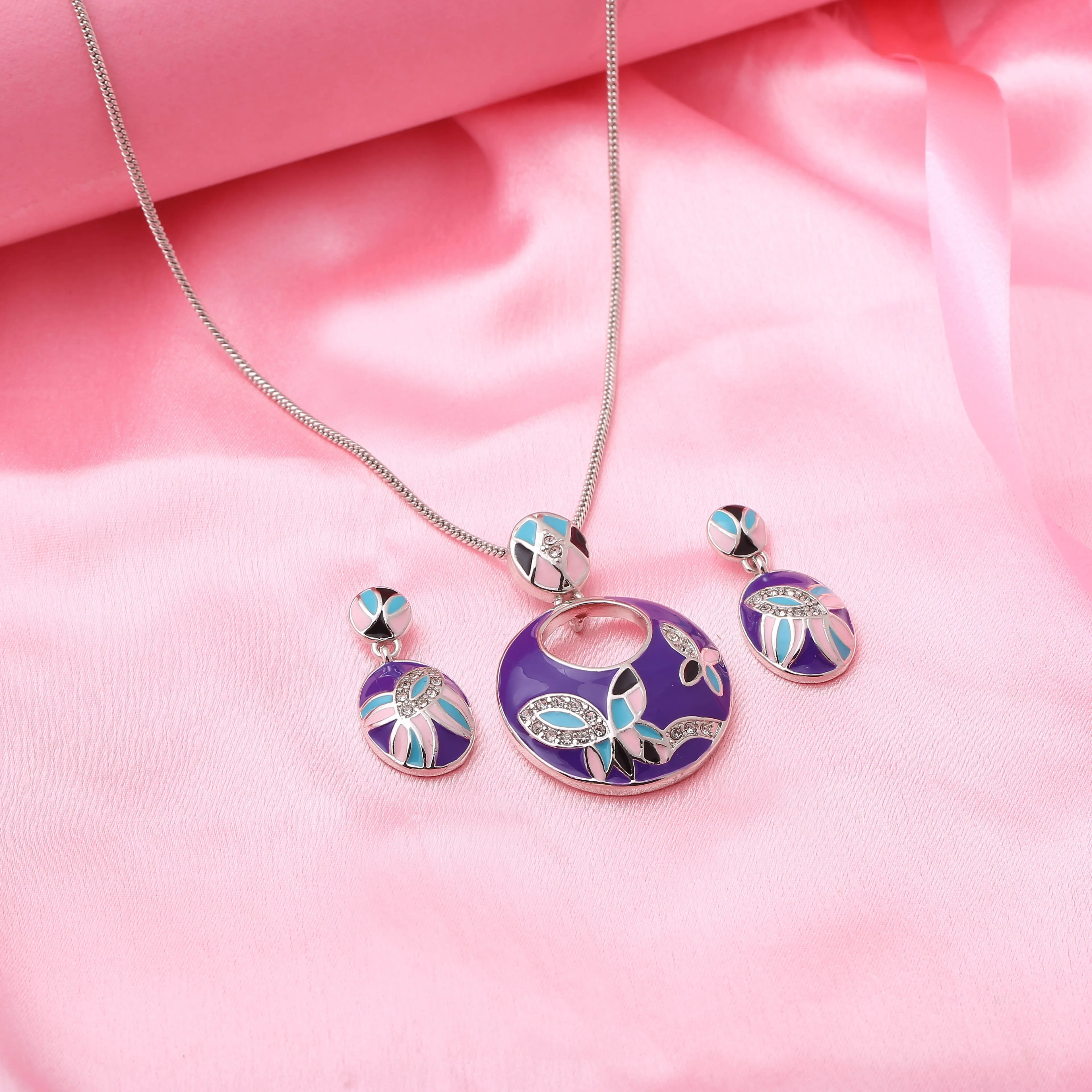 Estele - Beautiful Purple and Blue Enamel Butterfly Pendant Set