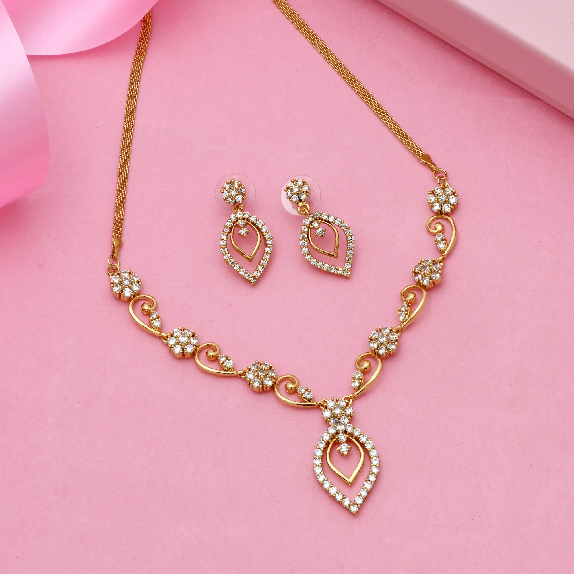 Estele Gold Plated American Diamond CZ Freesia Necklace Set for Women