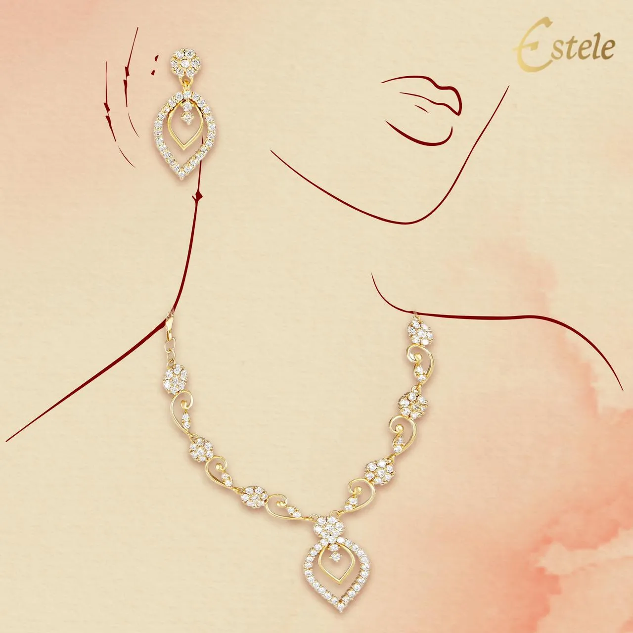 Estele Gold Plated American Diamond CZ Freesia Necklace Set for Women