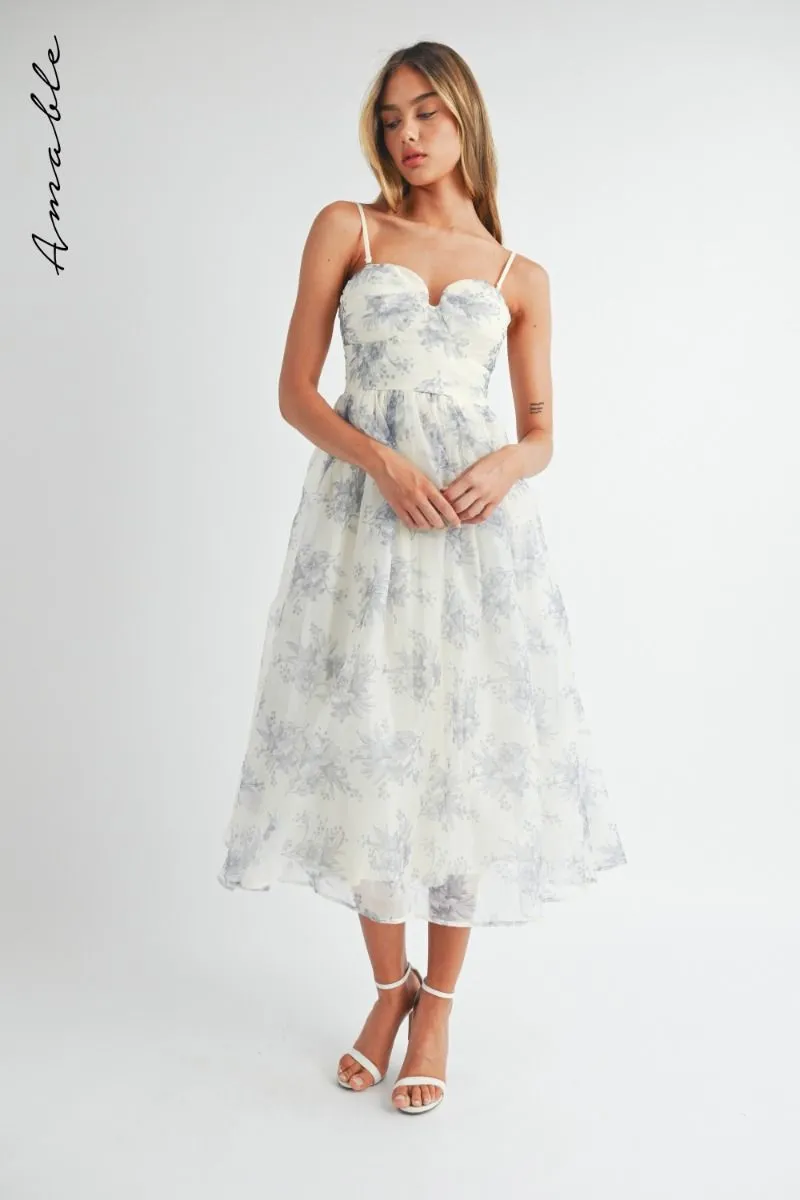 Floral Organza Plunged Strapless Midi Dress