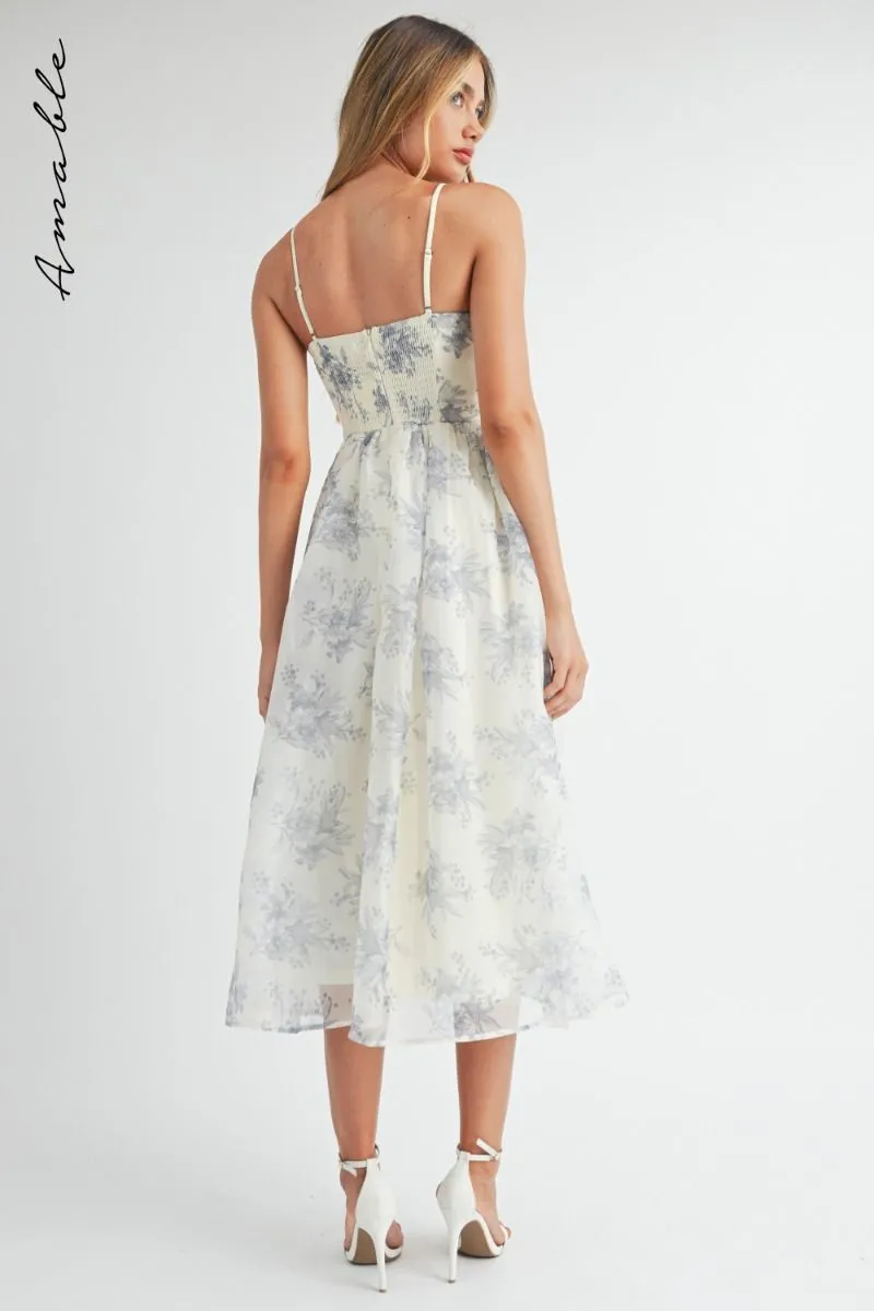 Floral Organza Plunged Strapless Midi Dress