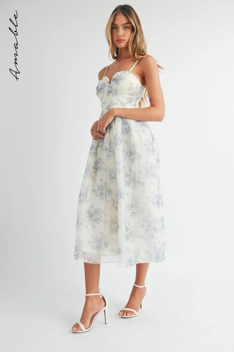 Floral Organza Plunged Strapless Midi Dress