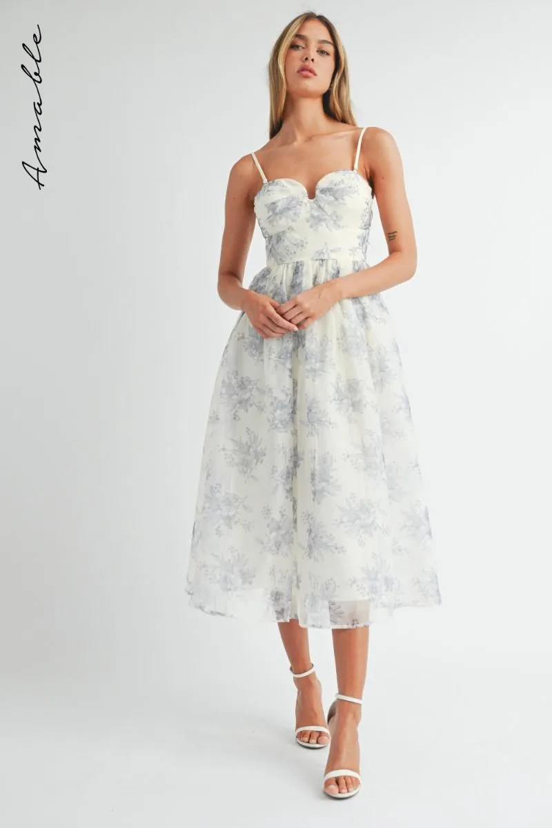 Floral Organza Plunged Strapless Midi Dress