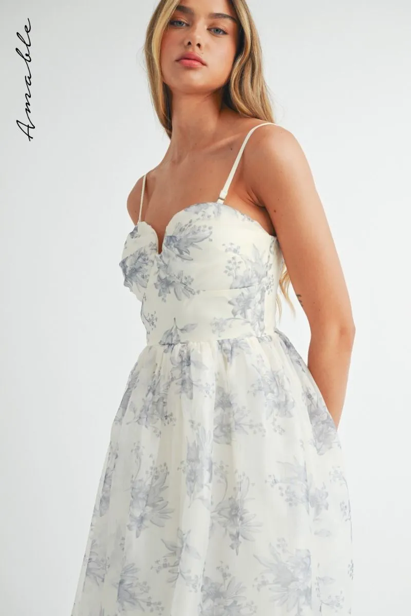 Floral Organza Plunged Strapless Midi Dress