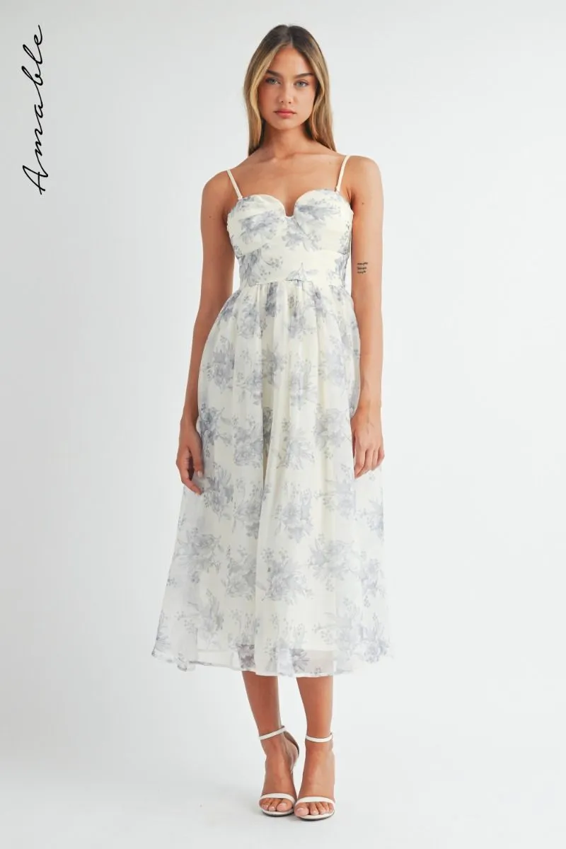 Floral Organza Plunged Strapless Midi Dress