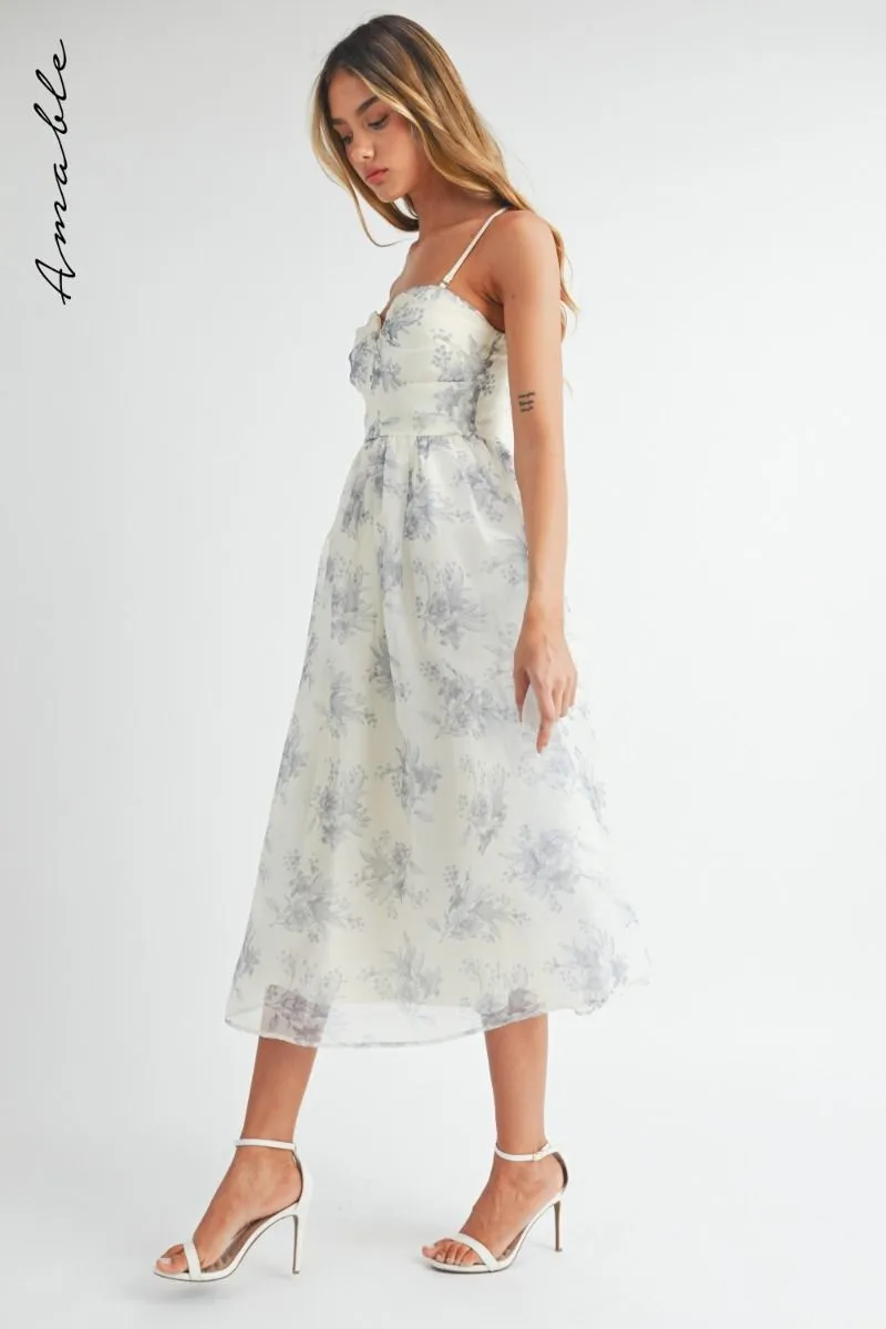 Floral Organza Plunged Strapless Midi Dress