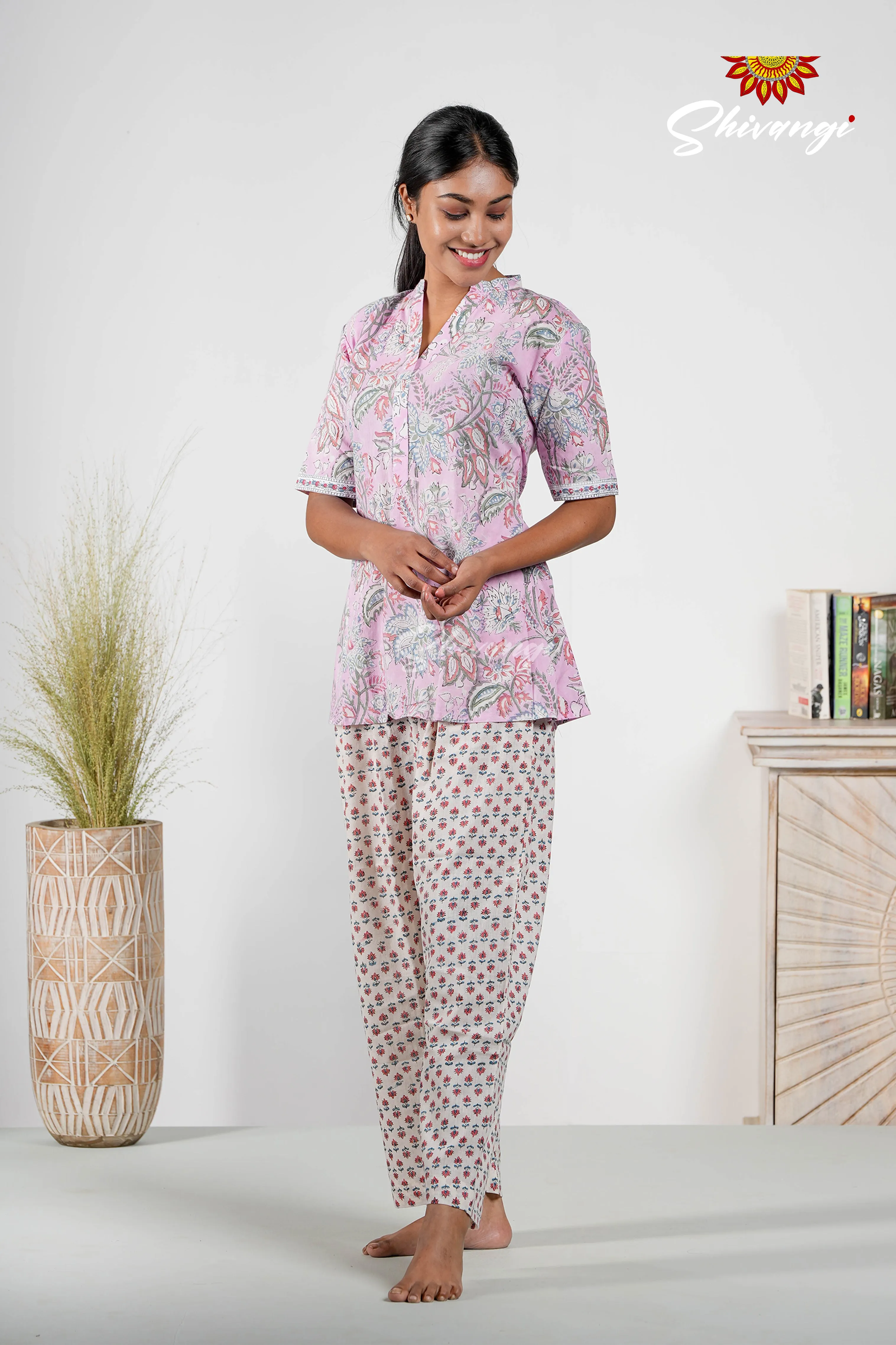 Floral Print Cotton Night Wear Set For Women Purple !!!