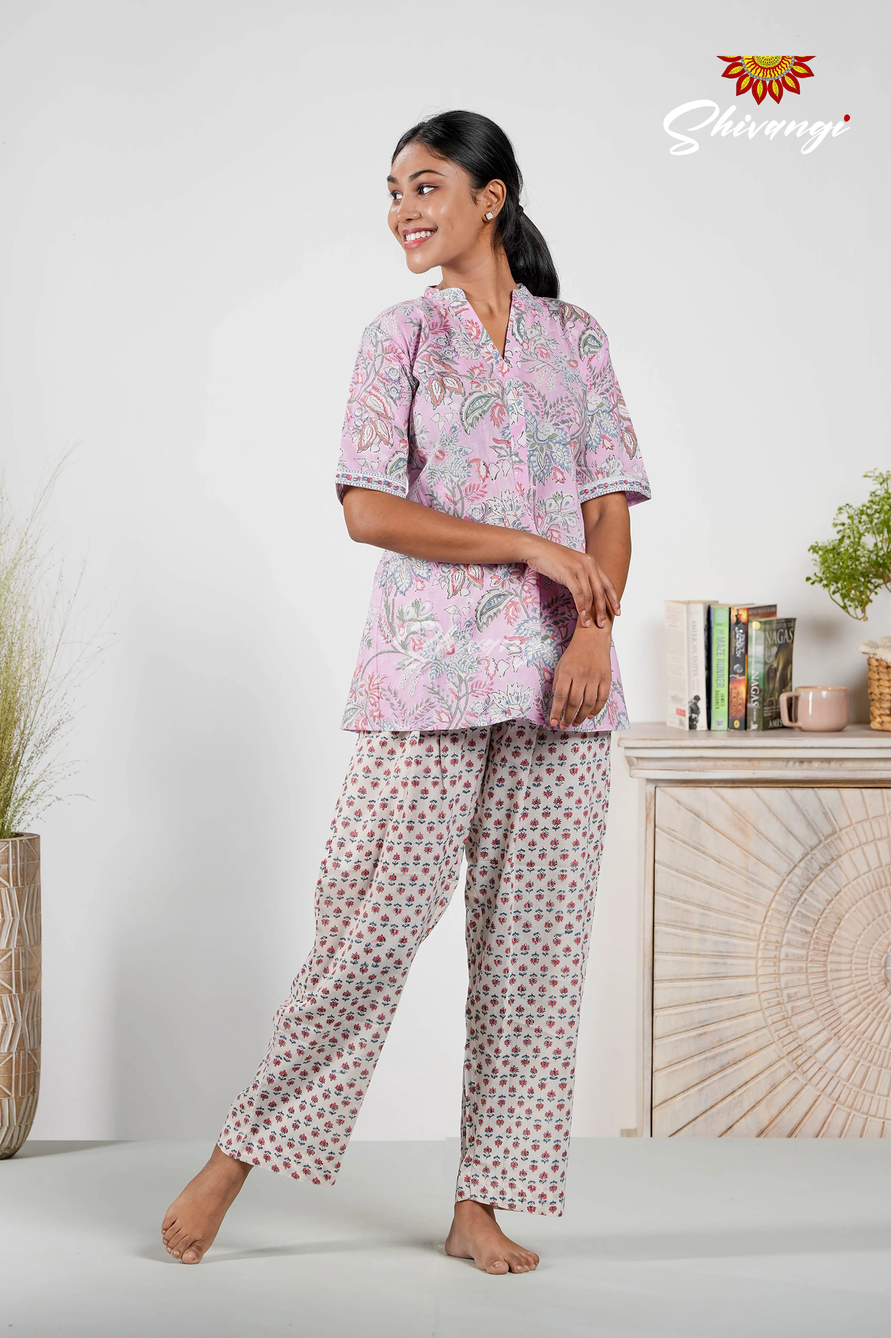 Floral Print Cotton Night Wear Set For Women Purple !!!