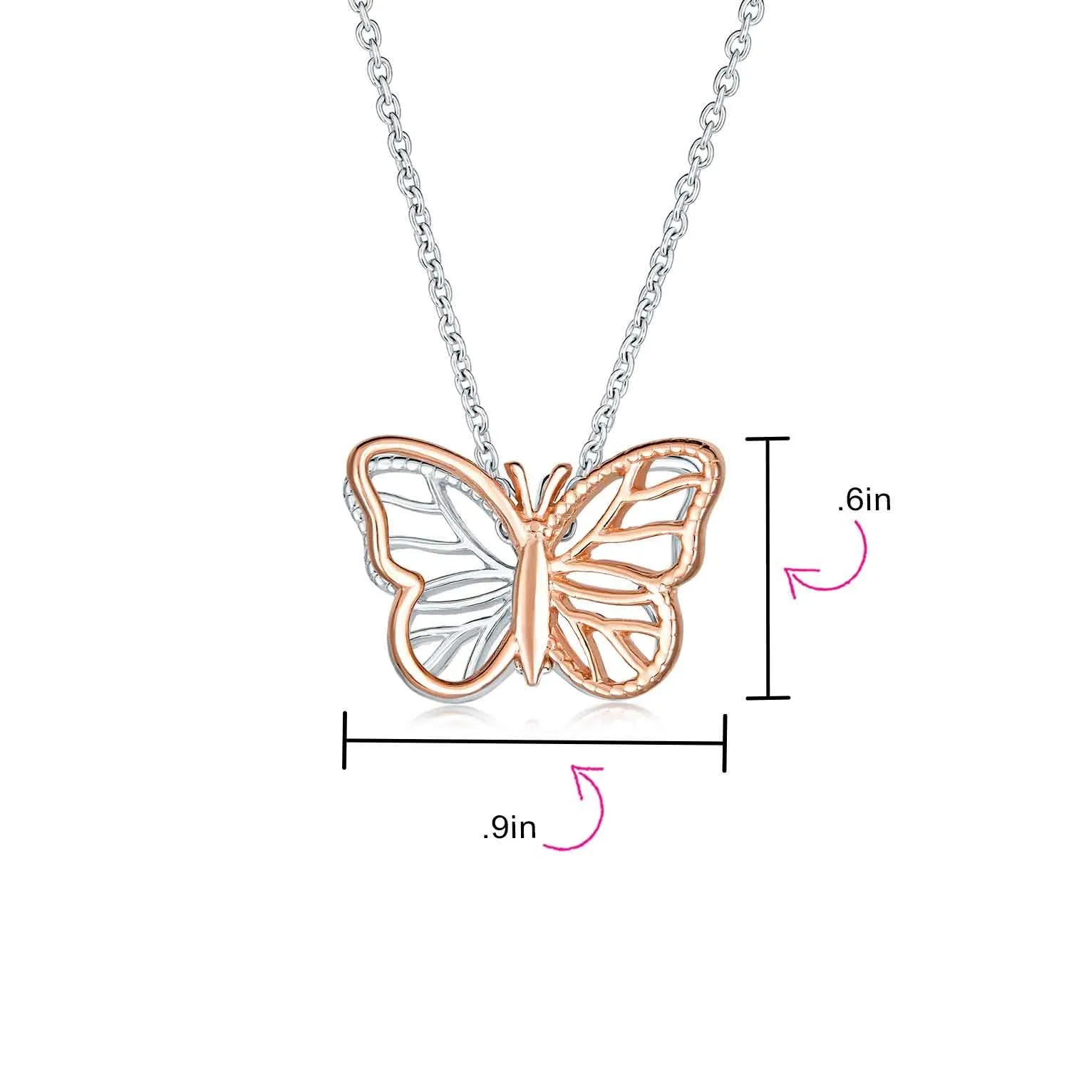 Garden Dangling Butterfly Necklace Pendant Two Tone  Rose Gold Plated Silver