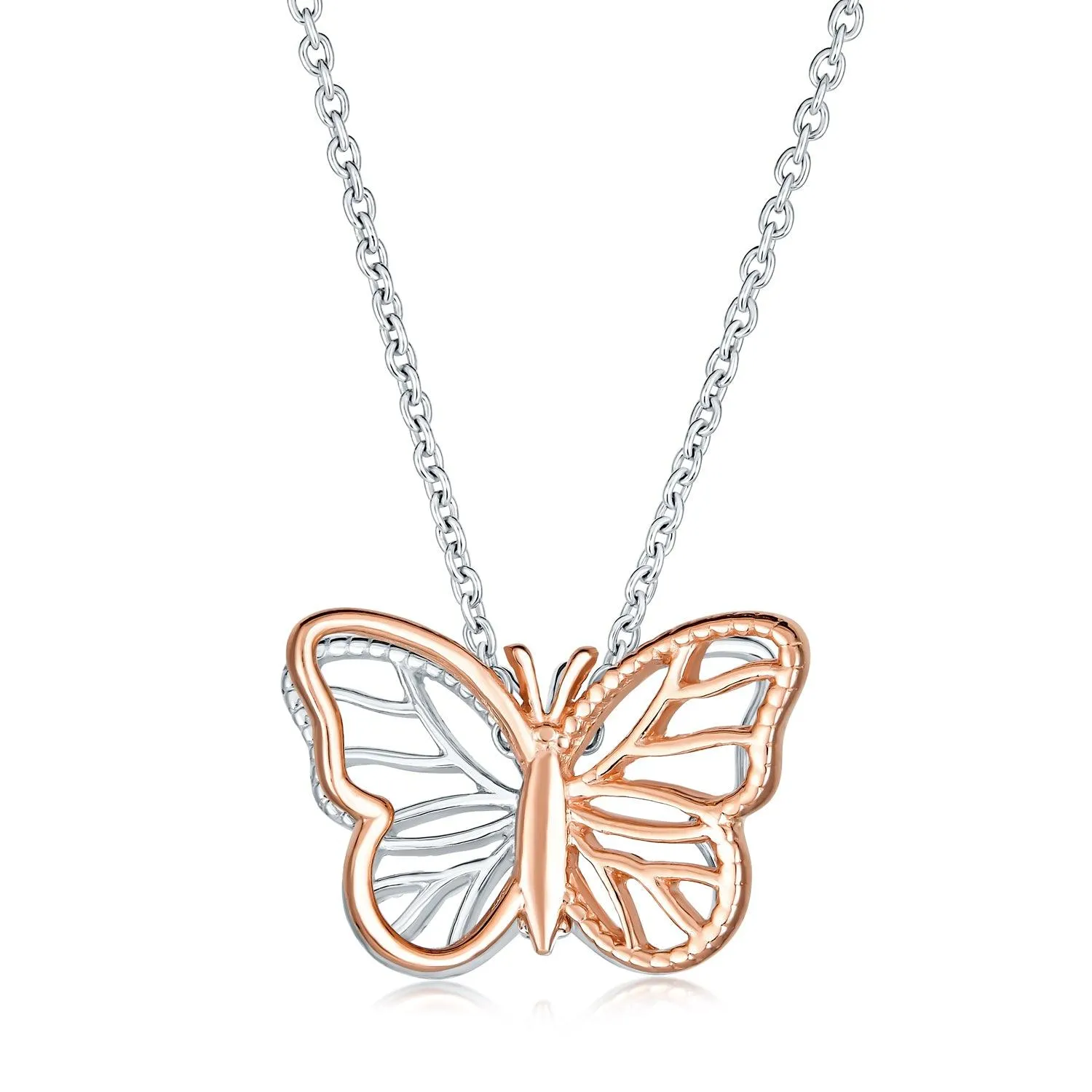 Garden Dangling Butterfly Necklace Pendant Two Tone  Rose Gold Plated Silver