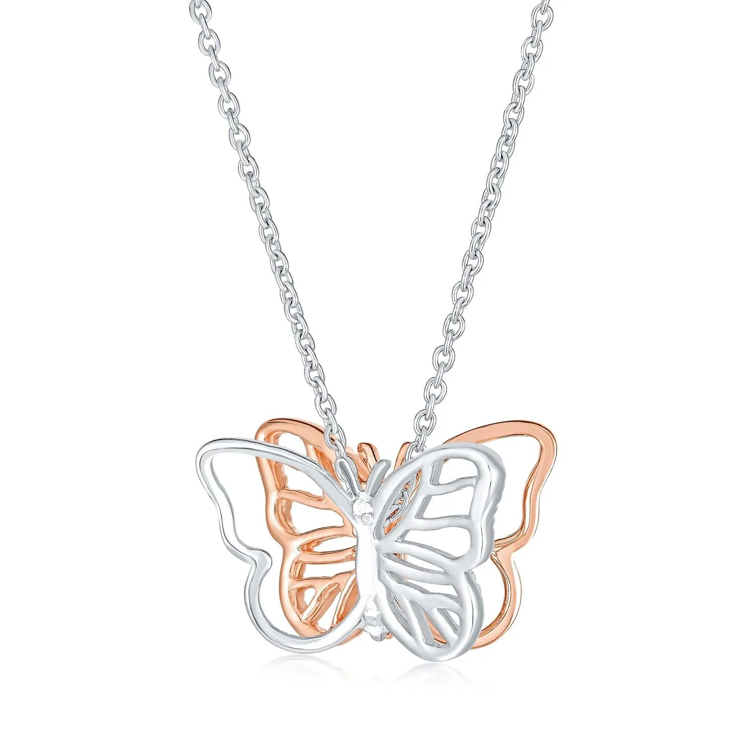 Garden Dangling Butterfly Necklace Pendant Two Tone  Rose Gold Plated Silver