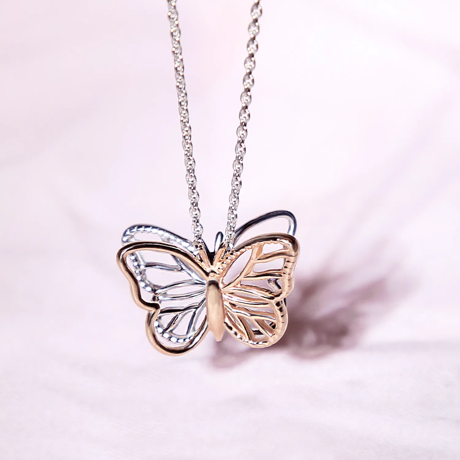 Garden Dangling Butterfly Necklace Pendant Two Tone  Rose Gold Plated Silver